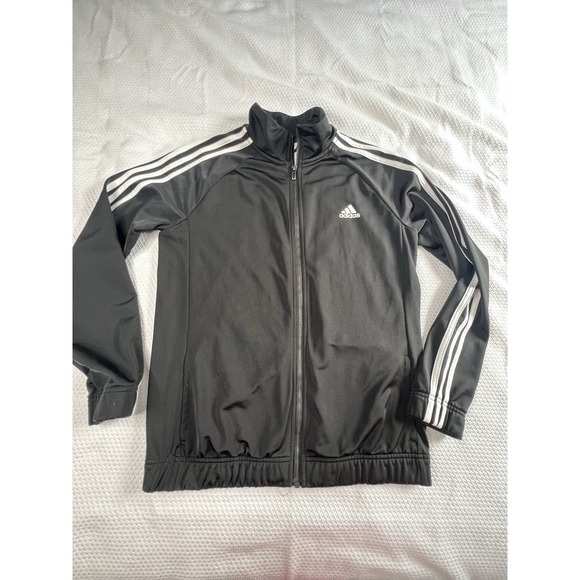 Adidas Track Suit Size Kids Large 16-18 Black Full Zip Classic 3 White Stripes - Picture 1 of 7